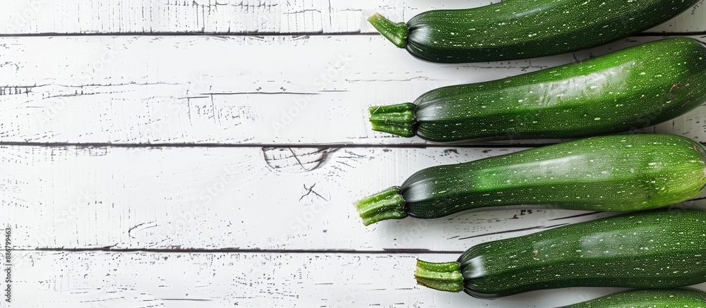 Poster zucchini arranged on a background of white wood with copy space image.
