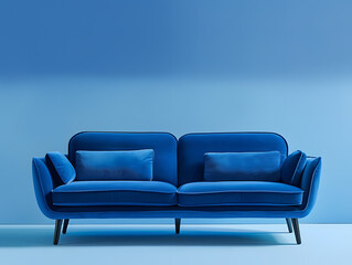 Fototapeta premium Blue luxury soft comfortable sofa on a blue plain background. Neural network AI generated art