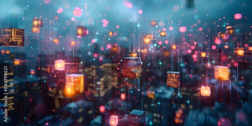 Poster digital cityscape with glowing cubes symbolizing blockchain cryptocurrency and metaverse concepts. c