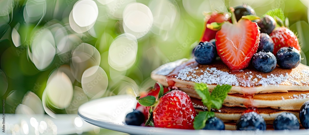 Poster close-up of scrumptious pancakes topped with strawberries, blueberries, and fresh mint on a bright t