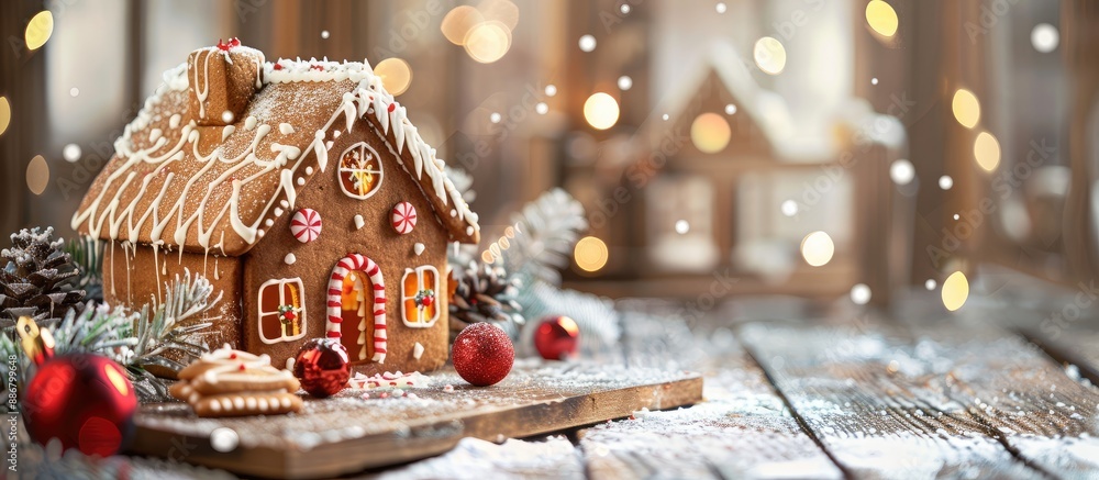 Aufkleber rustic wooden table with a christmas gingerbread house displayed, featuring copy space image.