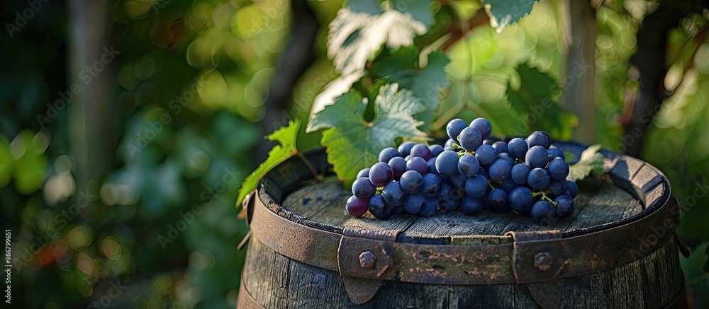 Poster Copy space image of a grape placed on a wine barrel in an outdoor setting.