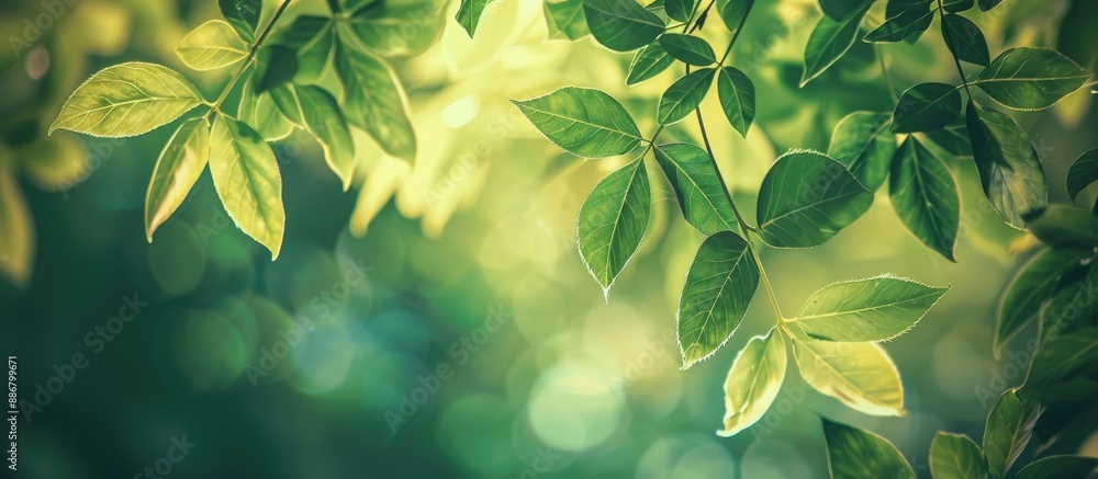 Poster close-up shot of green leaves at the top of the frame in a vintage style with bokeh effects, ideal f