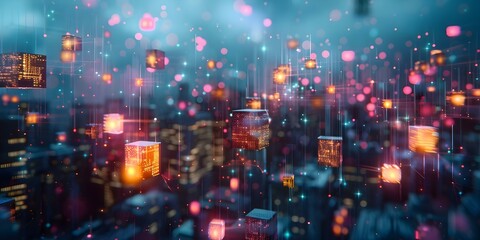 Obraz premium Digital cityscape with glowing cubes symbolizing blockchain cryptocurrency and metaverse concepts. Concept Blockchain Technology, Cryptocurrency, Metaverse, Digital Art, Cityscape