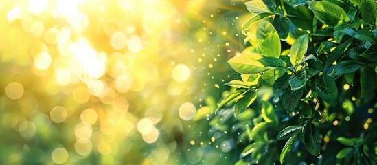 Obraz premium Bright summer sunlight illuminates an abstract blurred foliage bokeh background with copy space image.