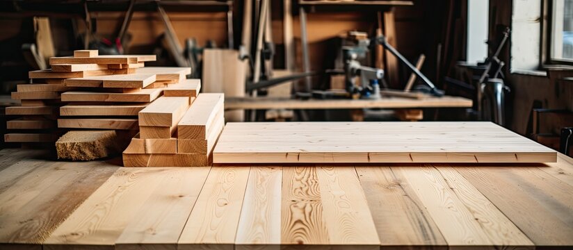 Assorted pine wood boards in a woodworking workshop, ready for DIY projects, showing a rustic aesthetic with copy space image.