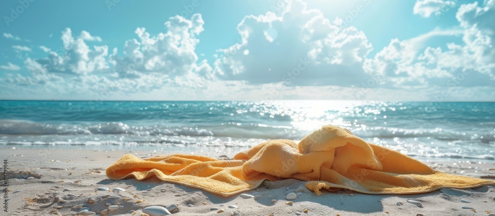 Poster Empty beach towel on sunny summer day with copy space image.
