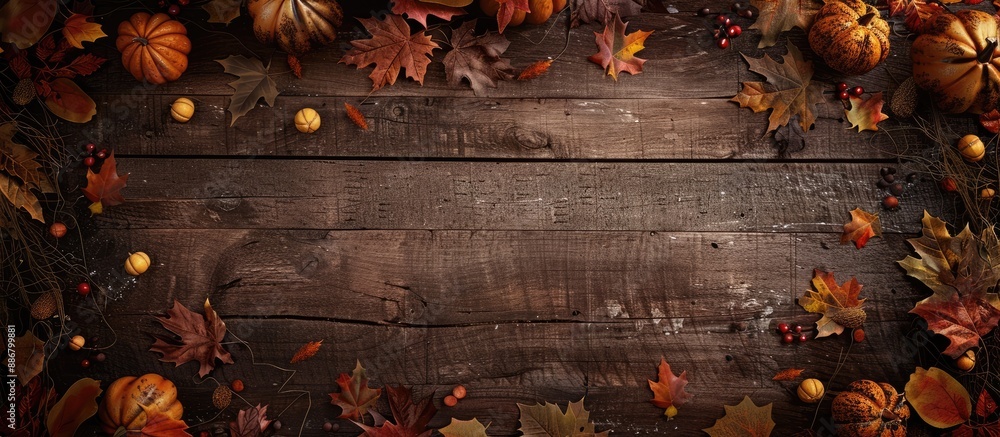Leinwandbilder a fall-themed setting with colorful leaves and pumpkins on a wooden surface, suitable for adding tex