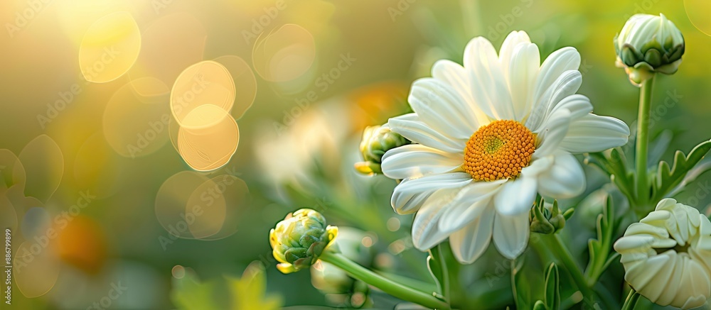 Fototapete Close-up of a white and yellow flower with buds in a natural setting, with space for adding text or graphics (copy space image).