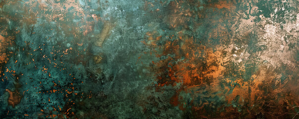 A sophisticated abstract background featuring a metallic panel with an oxidized copper finish, set against a gradient of deep greens and browns. The rich textures and colors create a luxurious and