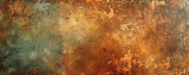 Fototapeta premium An abstract background with a weathered metallic panel, showing a mix of rust and patina textures, against a gradient of earthy browns and greens. The aged metal adds a rustic and vintage feel.