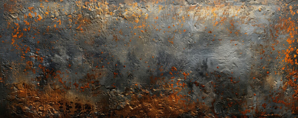 Fototapeta premium An abstract background with a distressed metallic panel, displaying a mix of rust and oxidation textures, against a gradient of dark grays and browns. The weathered metal adds a rugged and raw