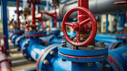 A close-up view of a red valve on blue pipes in an industrial setting, showcasing the intricate details of the machinery