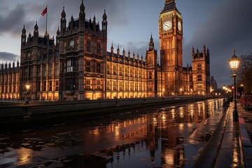 Fototapeta premium Parliament and Big Ben houses in London with Cloudy in Fundo, generative IA