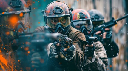 Obraz premium group of people playing paintball with helmet and gun