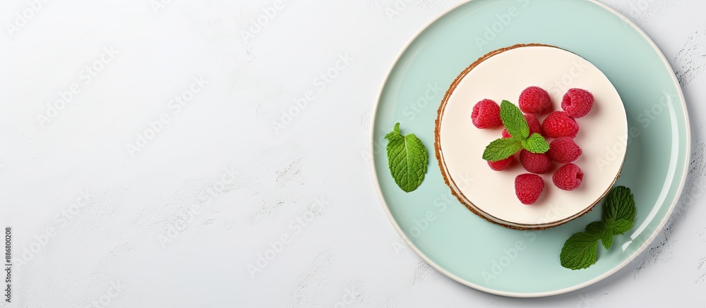 Leinwandbilder top-down view of a raspberry cheesecake on a white plate with mint leaves, featuring a blank space f