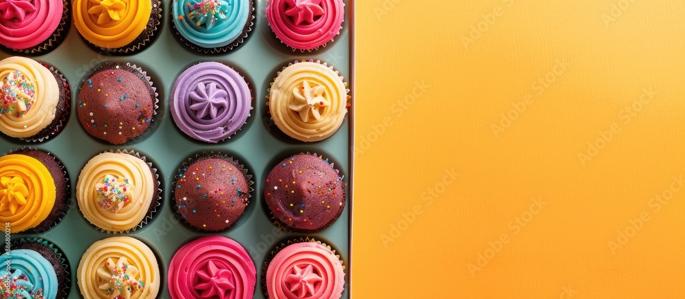 Poster colorful background enhances the appeal of the box with delicious cupcakes, ideal for showcasing in 