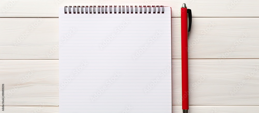 Poster Business concept with red notepad and open notepad on a white wooden table with a pen, ideal for copy space image.