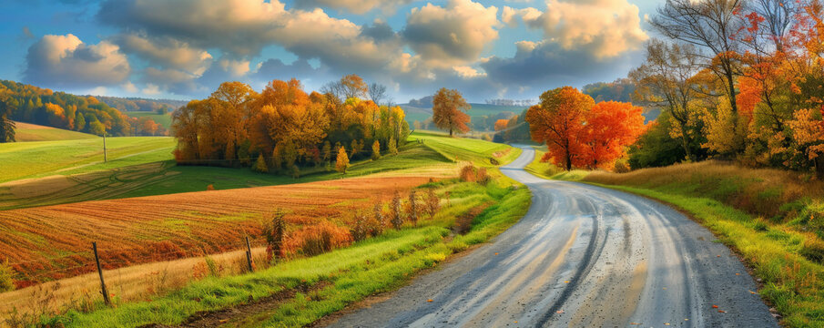 A picturesque autumn drive through the countryside with rolling hills, vibrant foliage, and a winding road leading to new adventures.