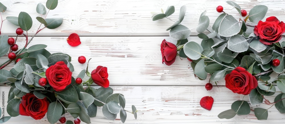 Poster top-down image of red rose and flocked eucalyptus branches on a white wooden surface, creating a fes