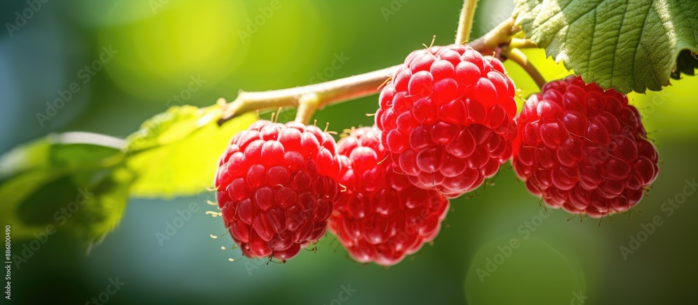 Poster A vibrant red raspberry on a branch in a sunny macro photo, with a blurred background providing space for text, ideal for cards, posters, or website decoration.