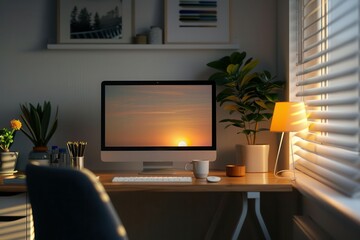 Minimalist home office with a sunset desktop background.