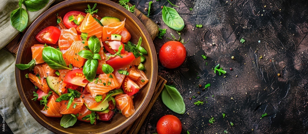 Poster fresh seafood dish featuring salmon salad served as an appetizer on a table with a copy space food b