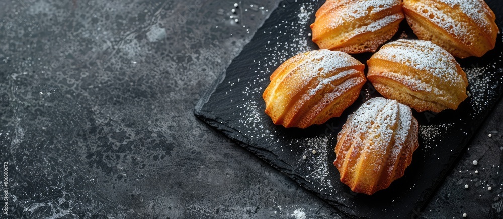 Poster mini madeleine cakes with vanilla bean and icing sugar on a black slate plate with copy space image.