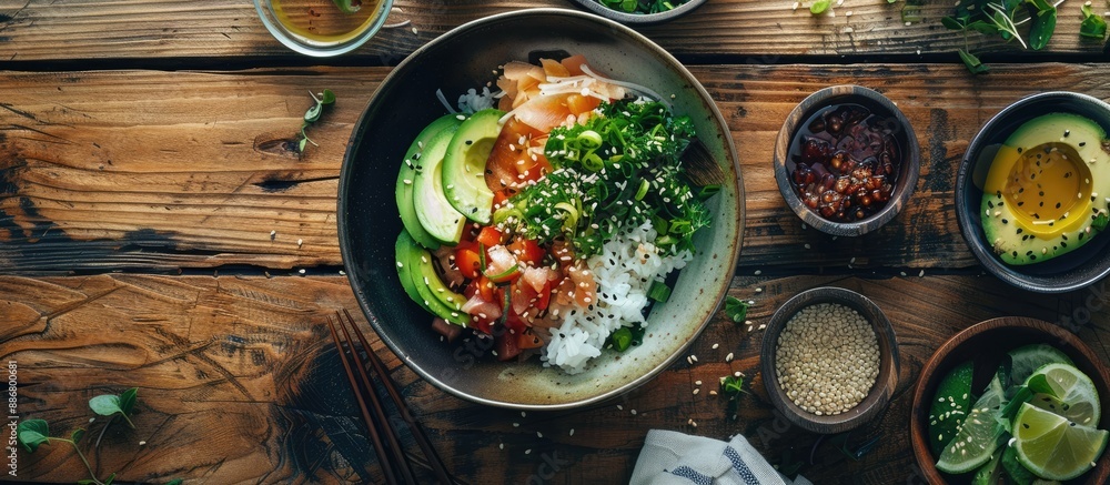 Poster wooden table set up with kitchen items for preparing an avocado poke bowl in hawaii, emphasizing hea