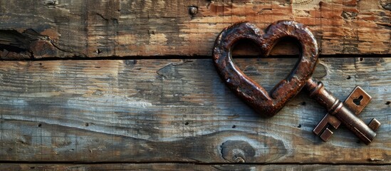 Heart-shaped house key on rustic wooden backdrop, ideal for showcasing, copy space image.