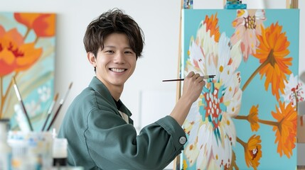 Asian artist in a studio smiling while painting a vibrant canvas representing creativity and happiness in the art world Portrait, Realistic Photo, High resolution, Half-body picture, Minimalism,