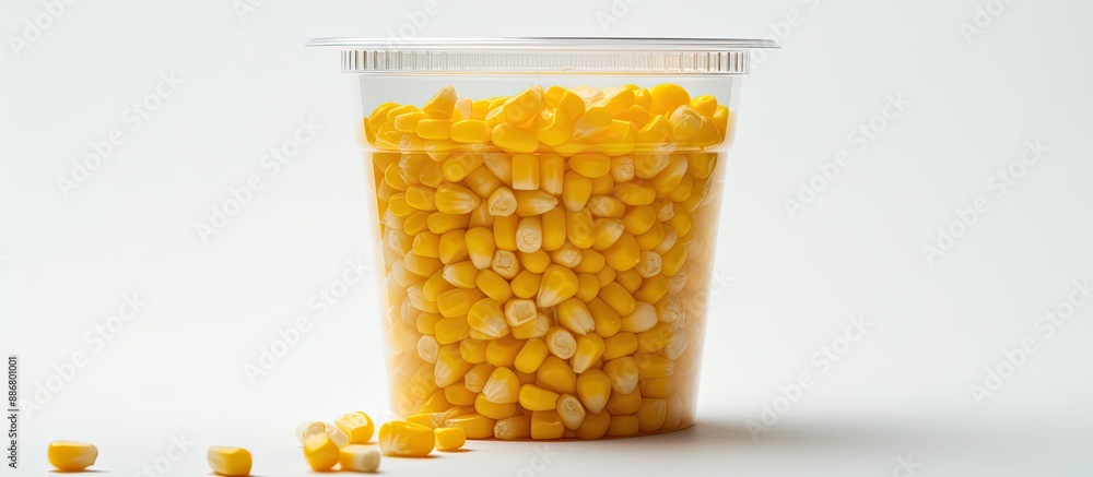 Poster corn seeds contained in a plastic cup on a white backdrop with copy space image.