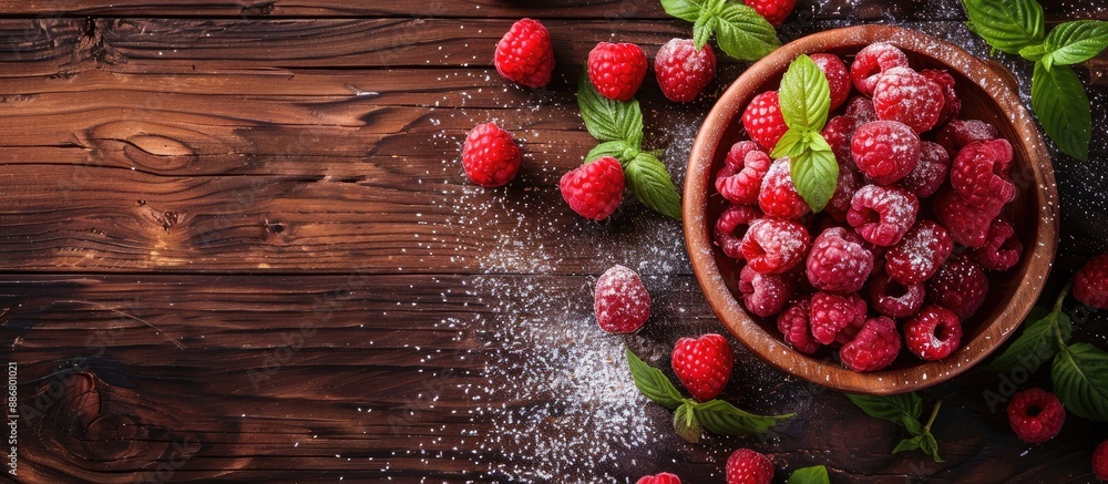 Poster wooden background sets stage for raspberry dessert, with ample copy space image.