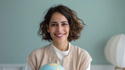 Arab teacher in a classroom smiling while holding a globe representing education, cultural awareness, and dedication to teaching Portrait, Realistic Photo, High resolution, Half-body picture,