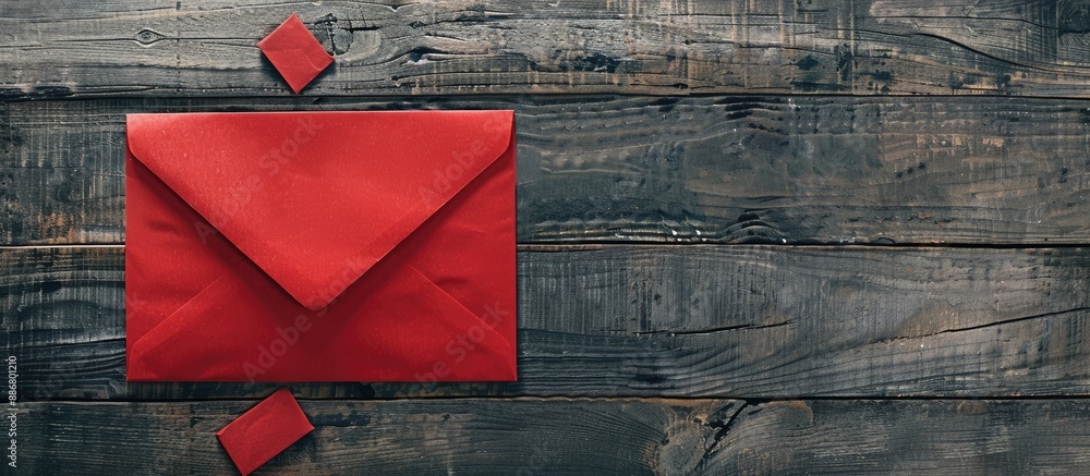 Poster A red envelope with a blank paper placed on top against a rustic wooden backdrop, creating a composition with copy space image.