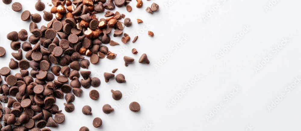 Poster Chocolate chips with nuts displayed on a white background with copy space image.