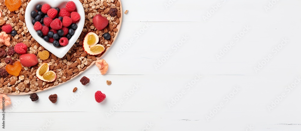 Poster heart-shaped muesli cereal breakfast on a white plate background for a healthy eating concept. flat 