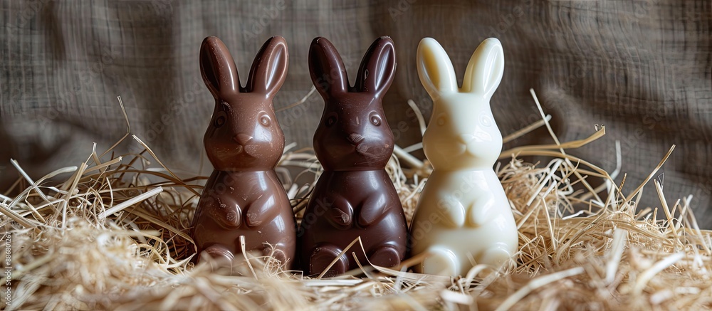 Poster three chocolate bunnies (white, milk, dark) placed on hay, creating a charming display against a pla