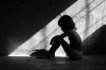 Silhouette of a young child sitting with knees pulled to chest, arms wrapped around legs. The child is positioned against a bare wall, with minimal light casting long shadows. The pose and setting