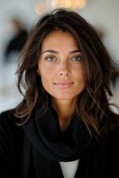 femme brune 30 ans posant de face avec un pullover en laine col roul&eacute;