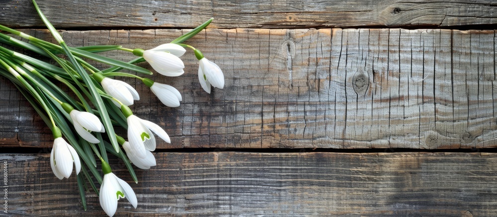 Poster snowdrops beautifully arranged on a wooden backdrop with copy space image available.