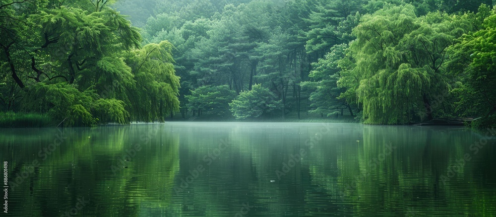 Aufkleber local park features a serene lake surrounded by a picturesque forest, ideal for leisurely strolls an