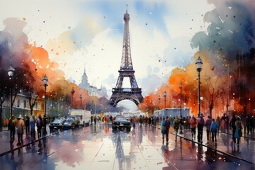 Drawing in Eiffel Tower Watercolor in Paris in White Romantic Style isolated, generative IA