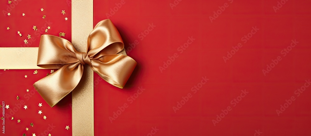 Poster a red rolled ribbon with a bow isolated on colorful background, seen from above. flat lay style with