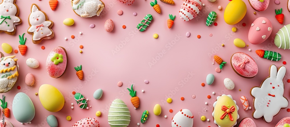 Poster mock-up easter greeting card featuring vibrant artistic elements like rabbits, eggs, chickens, and c
