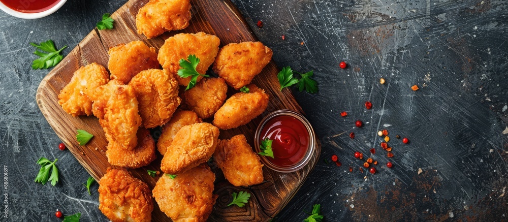 Poster on the table lies a wooden board with delicious chicken nuggets accompanied by a flavorful sauce, cr
