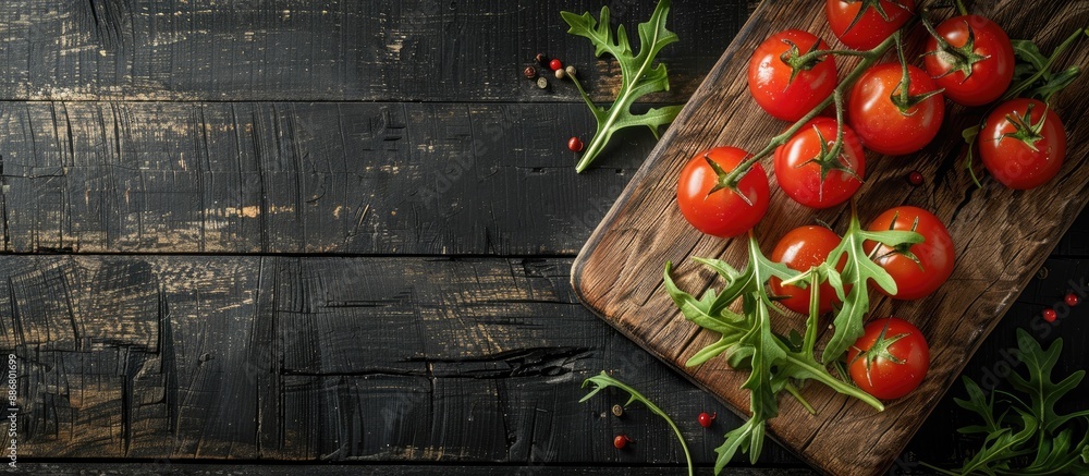 Poster a cutting board displays red tomatoes and arugula leaves on a dark wooden surface with ample copy sp