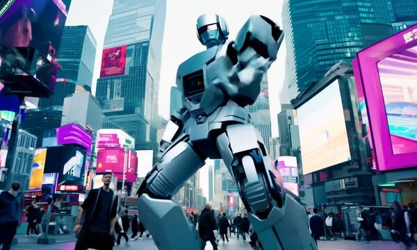 A robot is standing in the middle of a busy city street. The robot is surrounded by people and buildings. The robot is wearing a suit and he is performing a dance. The scene is lively and energetic