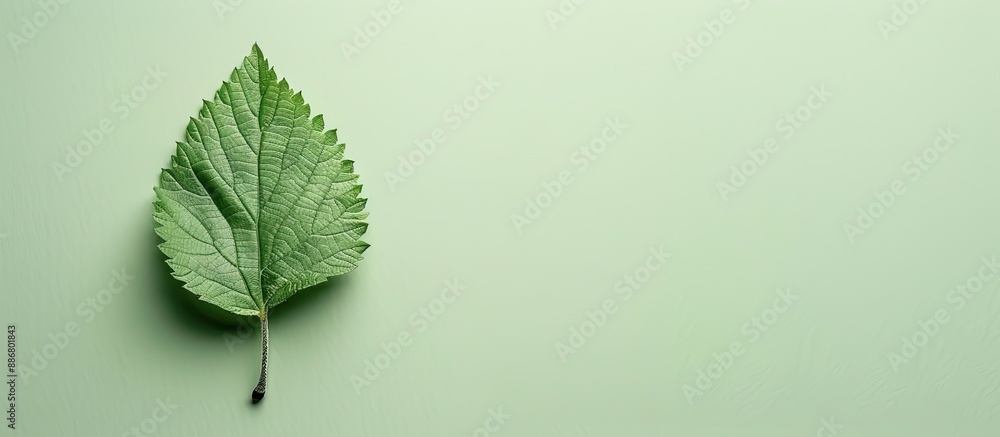 Poster a small birch leaf set against a light green backdrop with copy space image.