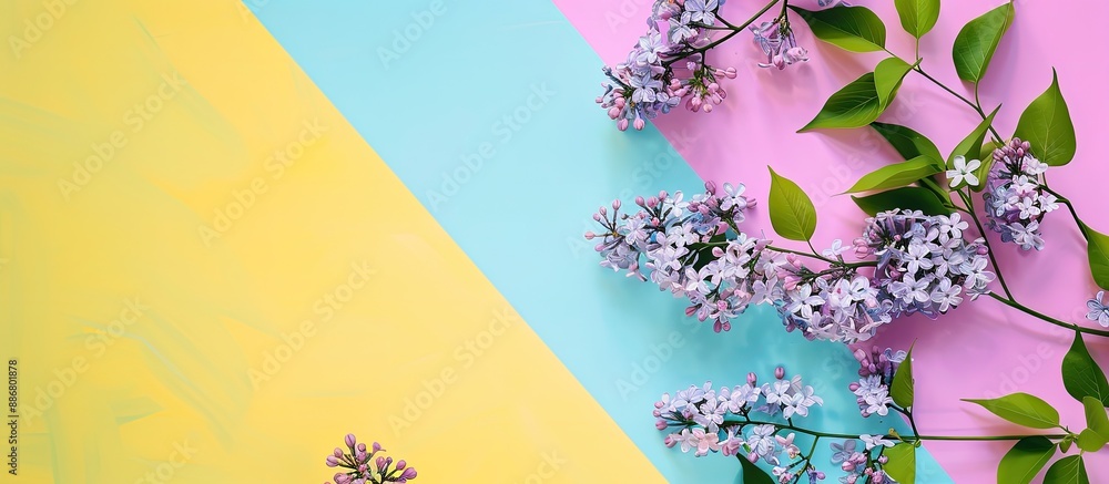 Aufkleber Top view of lilac branches on a colorful background, conveying a spring flowers concept with a copy space image.